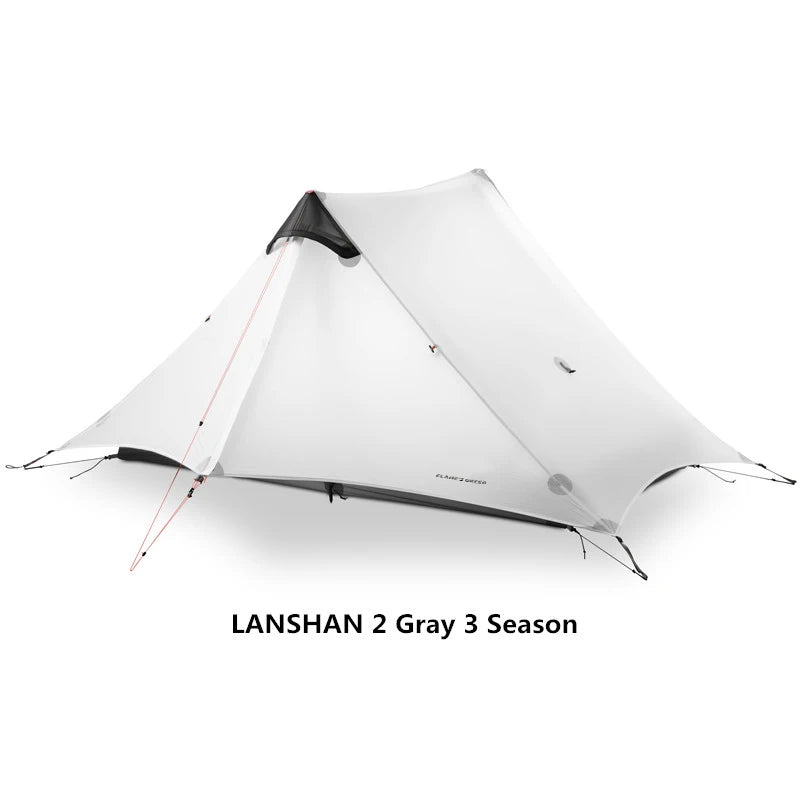 Gray three-season tent with 'Lanshan 2' branding on a white background