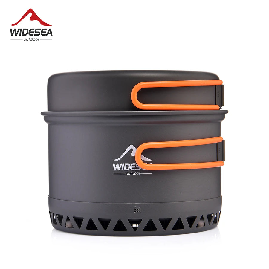 Black outdoor cooking pot with orange handles on a white background, featuring the Widesea logo.