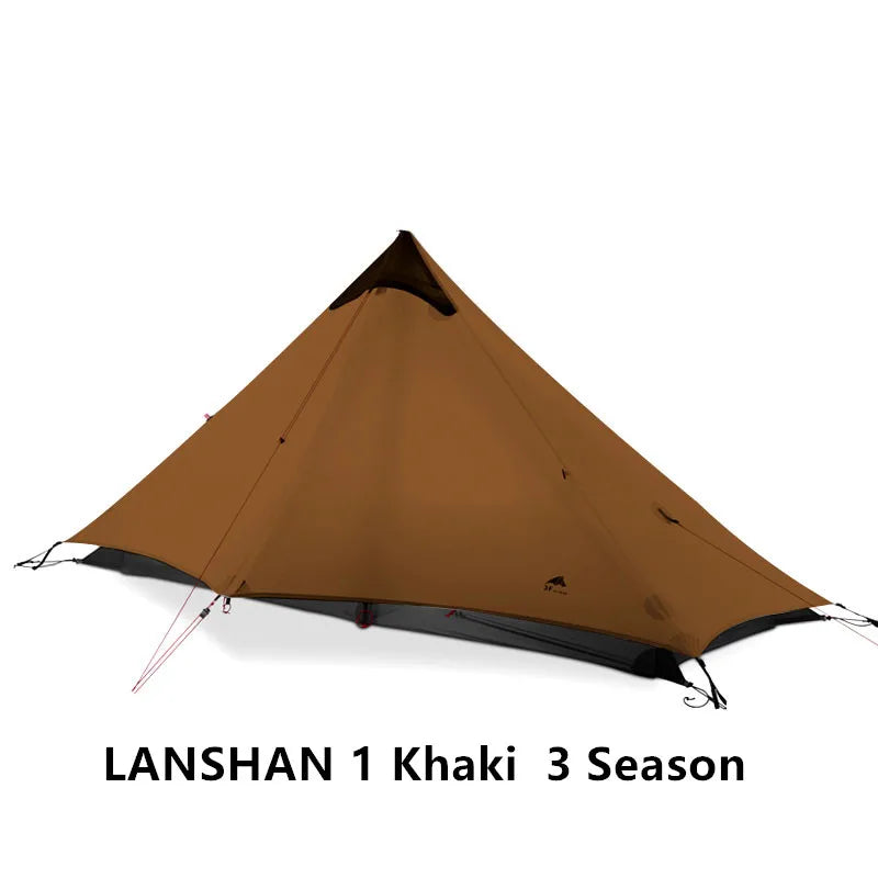 Brown tent labeled 'Lanshan 1 Khaki 3 Season' on a white background