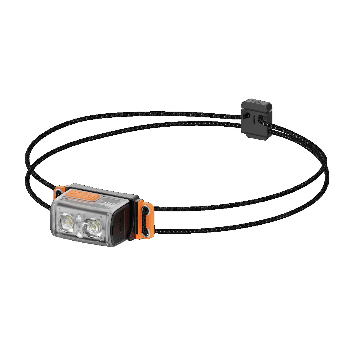 Headlamp with orange accents on a white background
