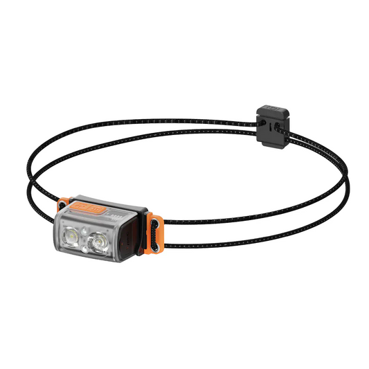Headlamp with orange accents on a white background