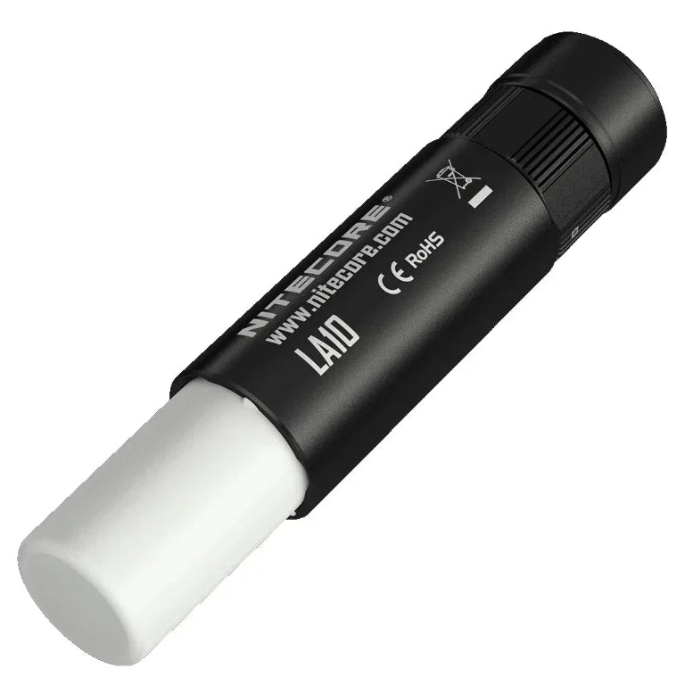 Black and white flashlight with 'Nitecore' branding on a white background