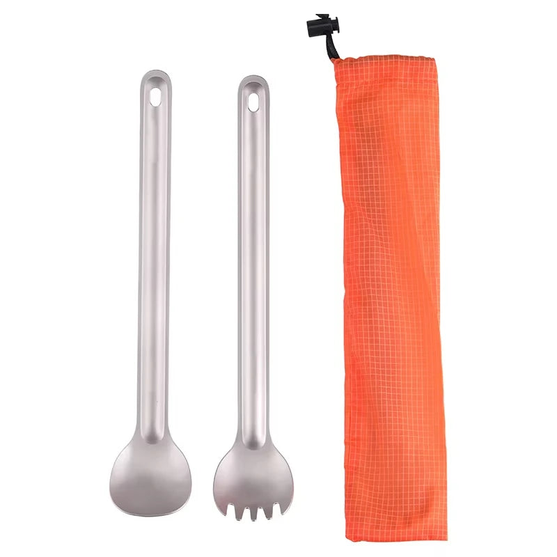Set of metal utensils with a carrying case on a white background
