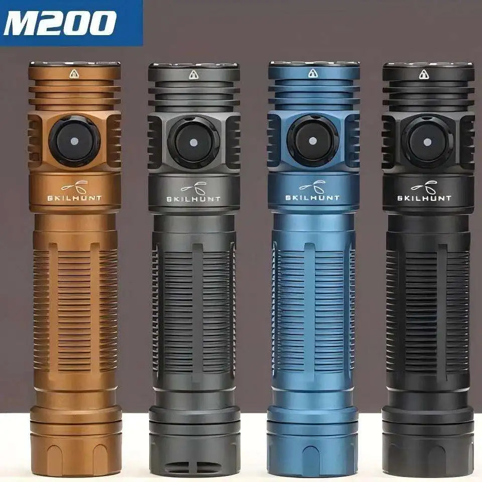 Four Skilhunt M200 flashlights in different colors on a gray background