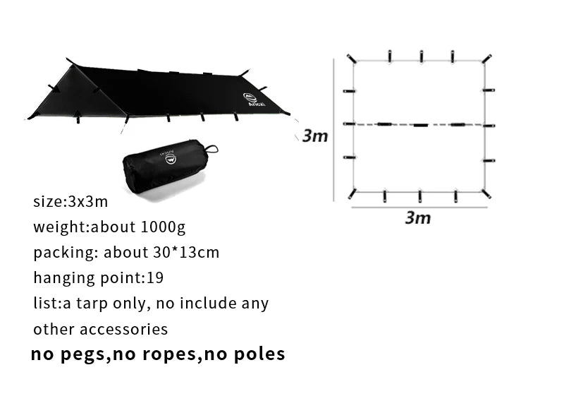 Black tarp with dimensions, weight, and packaging details on a white background
