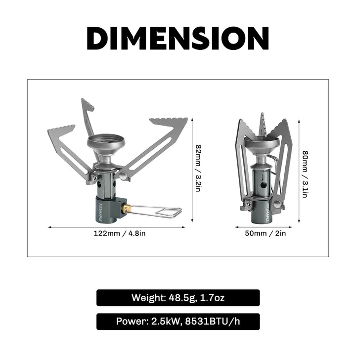 Measurement chart of a camping stove with dimensions and weight on a white background