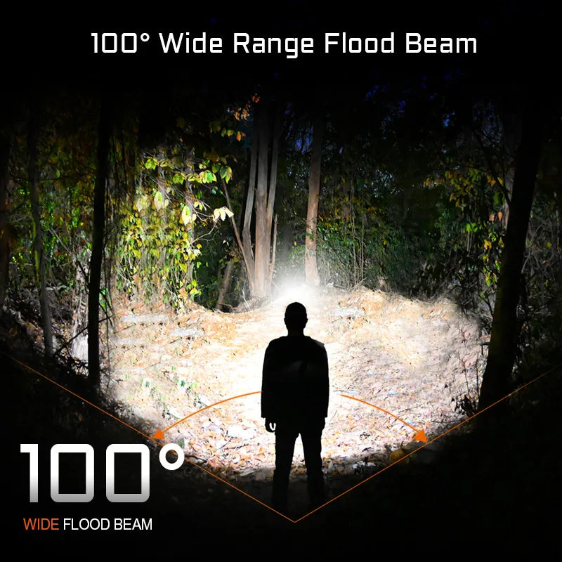 Person holding a flashlight with a wide flood beam illuminating a forest floor.
