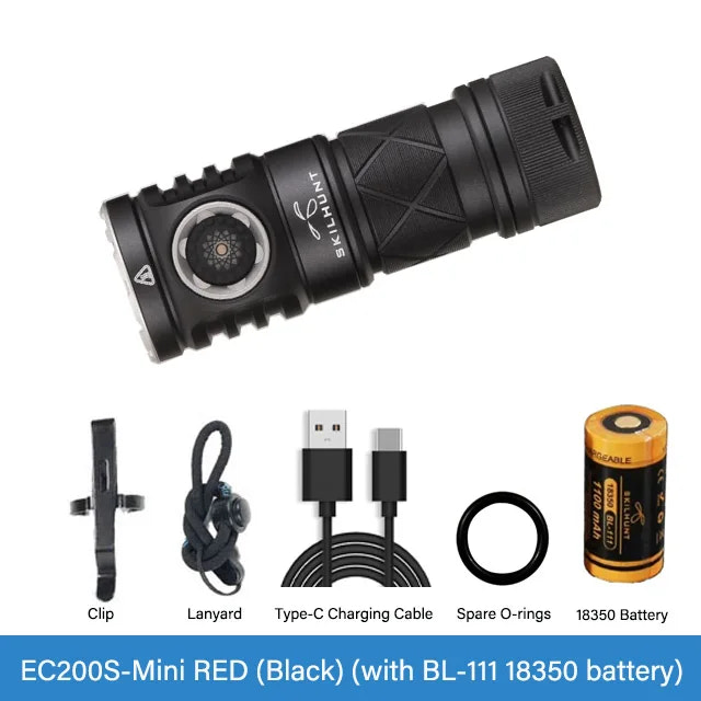 Black flashlight with accessories on a white background