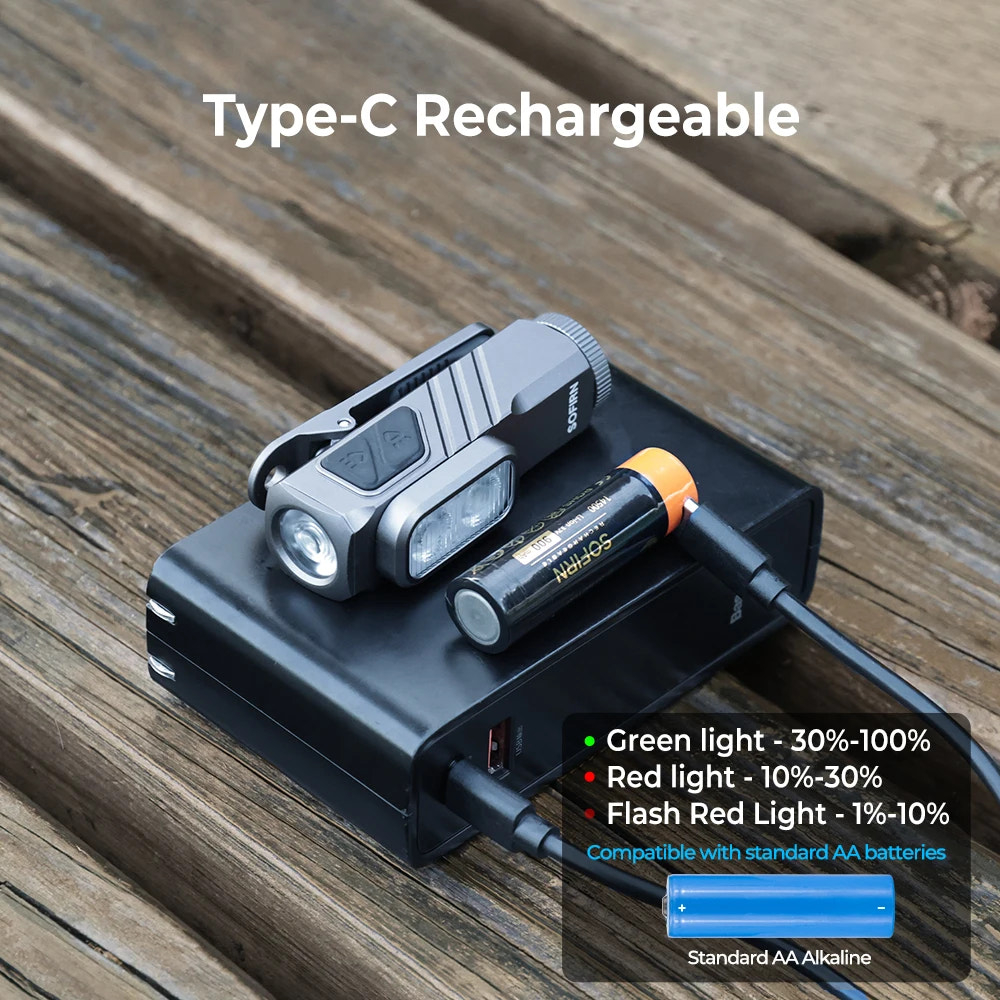 Rechargeable flashlight with battery and charging cable on a wooden surface