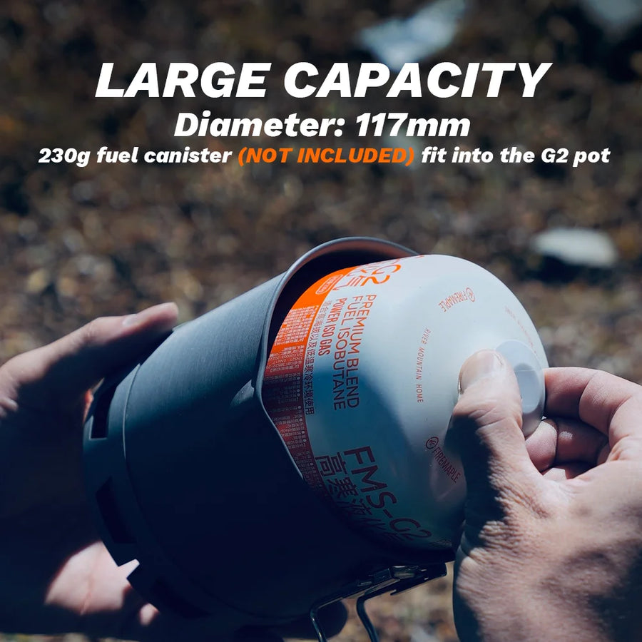 Fuel canister being fitted into a G2 pot with text about capacity and weight.
