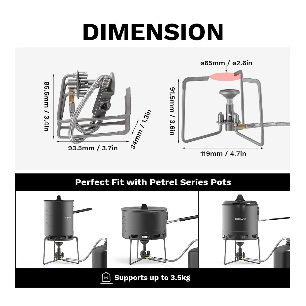Measurement chart for a camping stove with dimensions and compatibility with Petrel series pots.