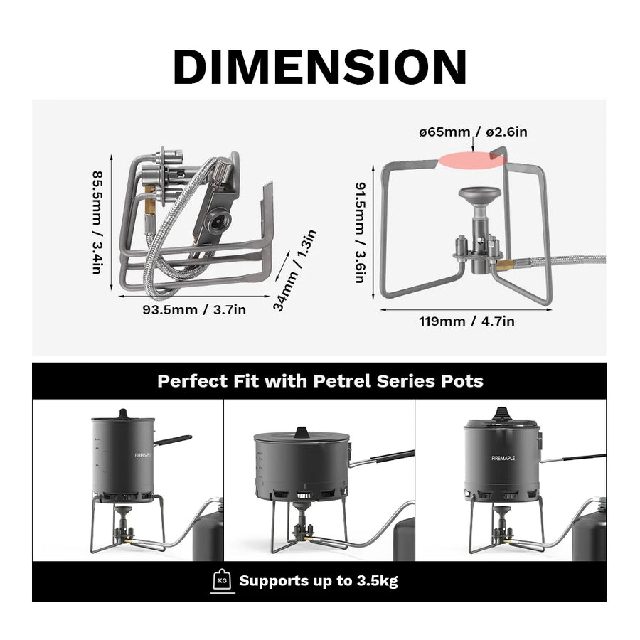 Measurement chart for a camping stove with dimensions and compatibility with Petrel series pots.