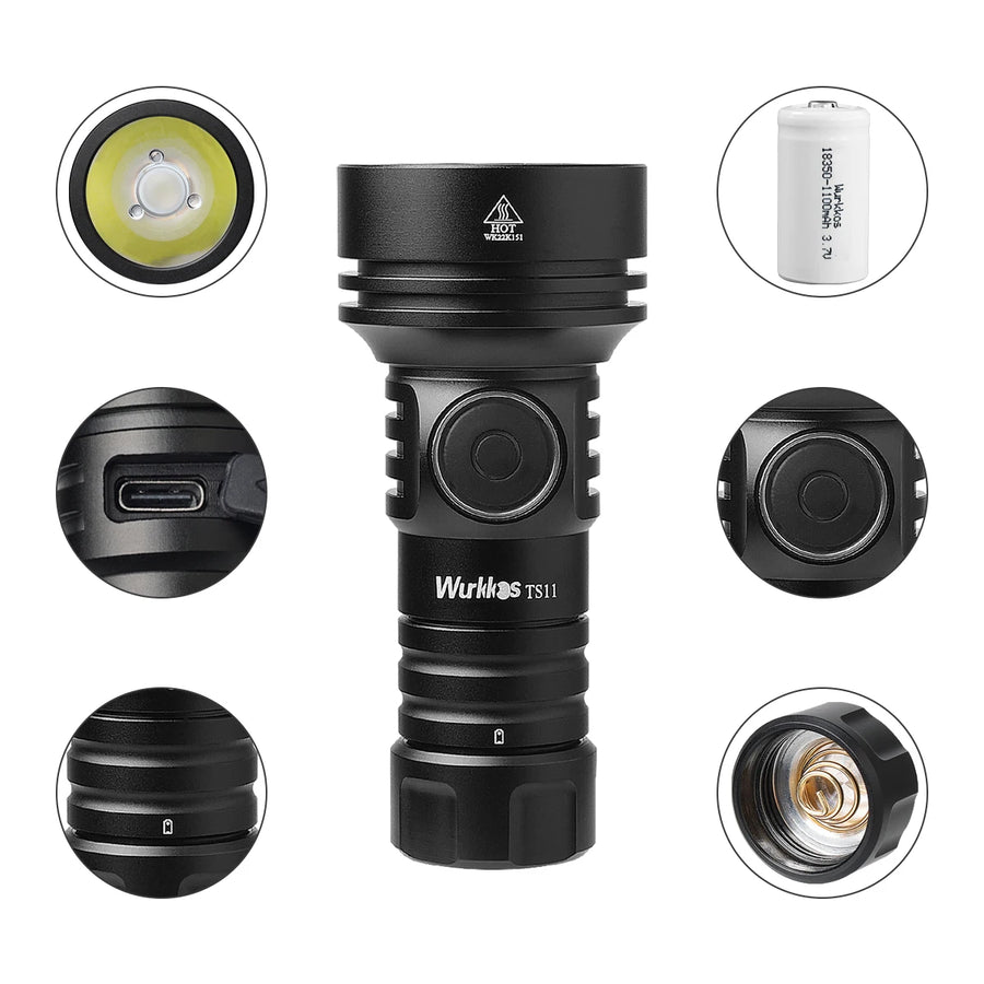 Black flashlight with close-up details on a white background