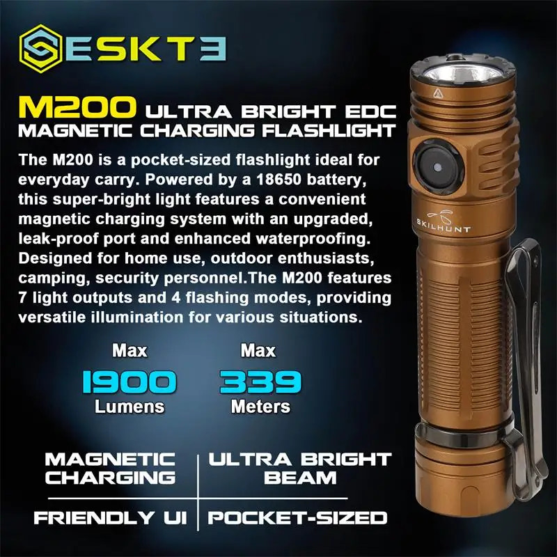 ESKTE M200 flashlight with specifications on a dark background