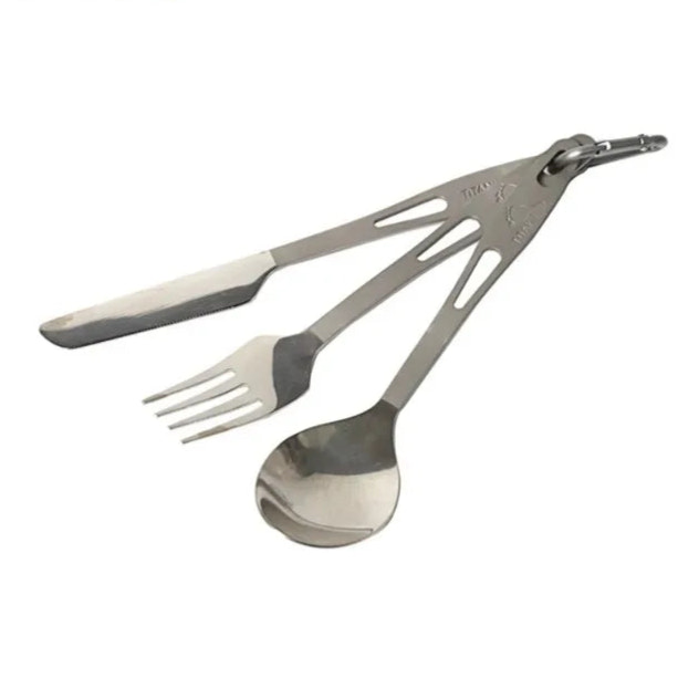 Set of cutlery with spoon, fork, and knife on a white background, featuring the Toaks brand logo.