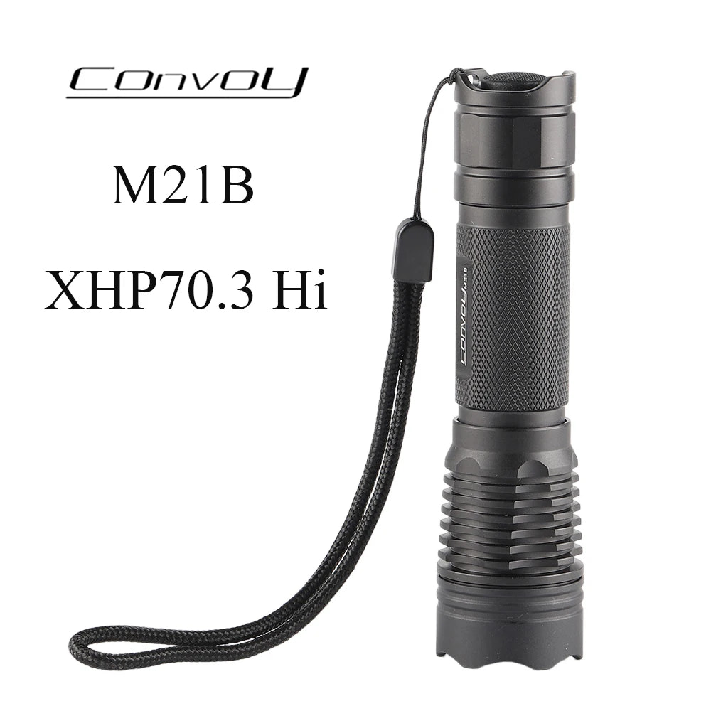 Black flashlight with 'Convoy' branding on a white background