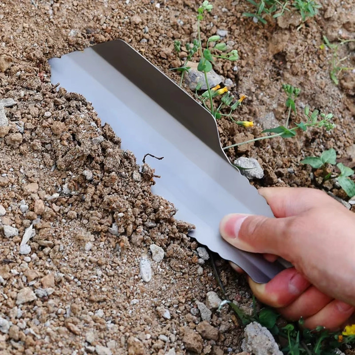 Hand using a metal tool to dig into the soil with small plants and rocks around.