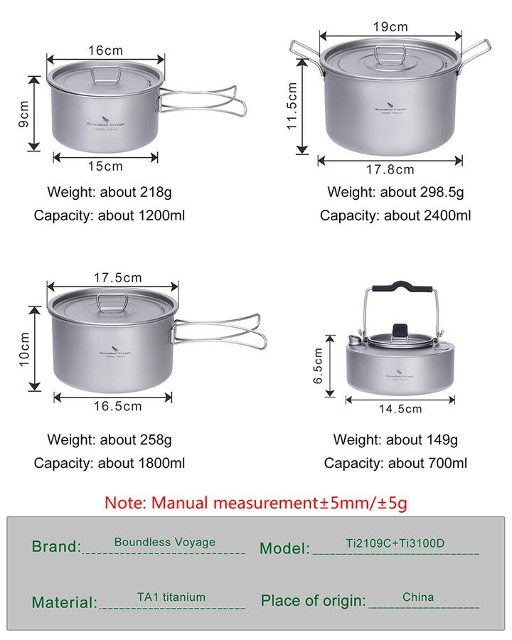 Measurement chart of different sizes and weights of titanium cookware with dimensions and capacities.