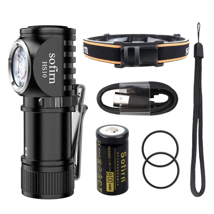 Black flashlight set with headband, USB cable, battery, and lanyard on a white background