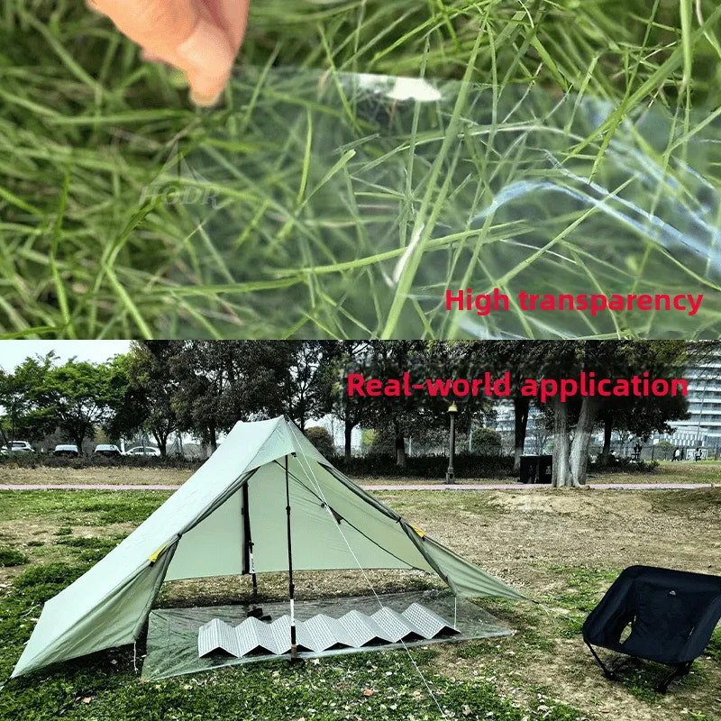 Transparent material with high transparency shown against a green leafy background, followed by its application on a tent in an outdoor setting.
