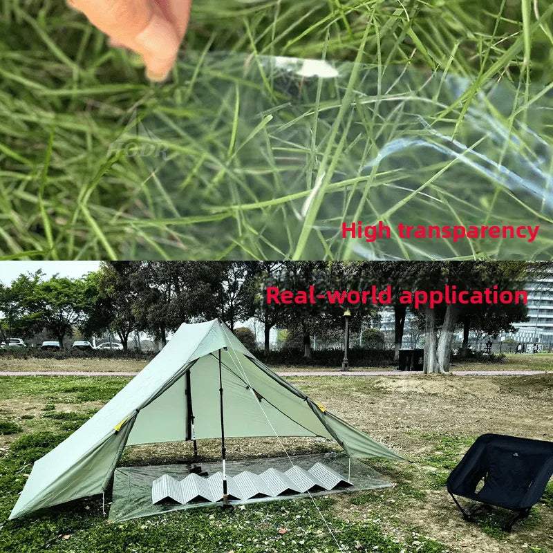 Transparent material with high transparency shown against a green leafy background, followed by its application on a tent in an outdoor setting.