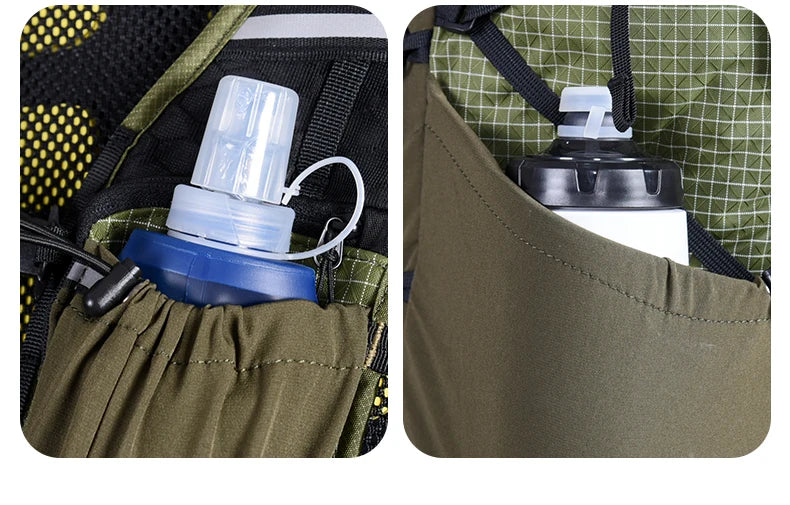 Collage of a water bottle in a green backpack pocket with close-up details.
