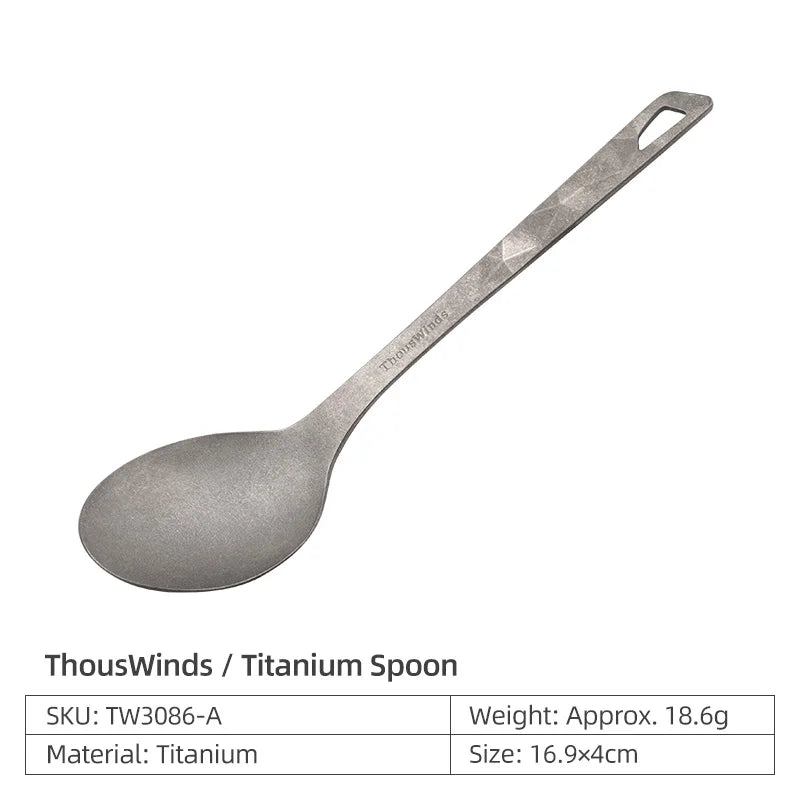 Titanium spoon with branding on a white background