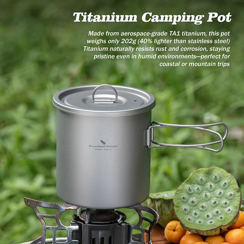 Titanium camping pot on a stove with a natural background