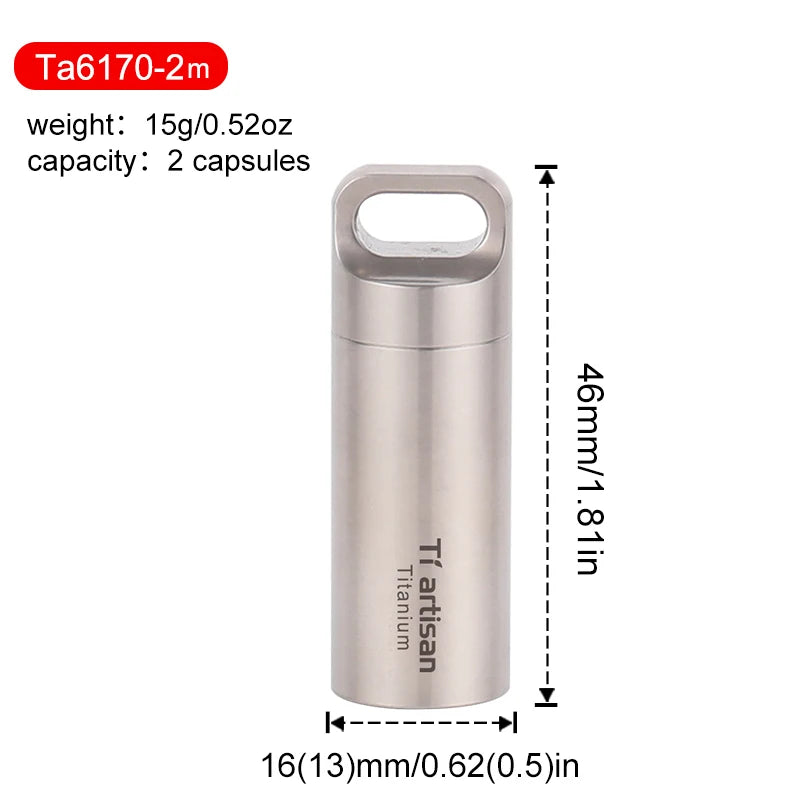 Titanium container with dimensions and specifications on a white background