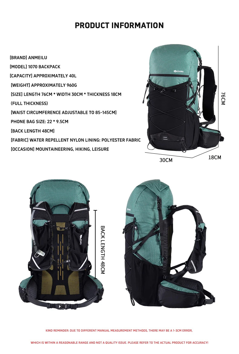 Teal and black backpack with product information on a white background