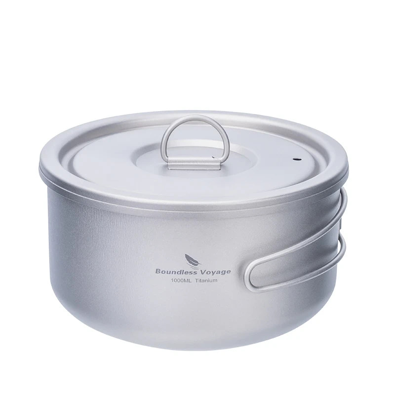 titanium pot with lid on a white background, featuring 'Boundless Voyage' branding.