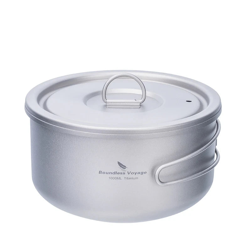 titanium pot with lid on a white background, featuring 'Boundless Voyage' branding.