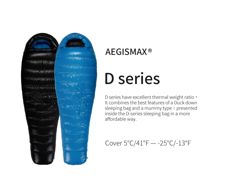Two sleeping bags, one black and one blue, with AEGISMAX branding on a white background.