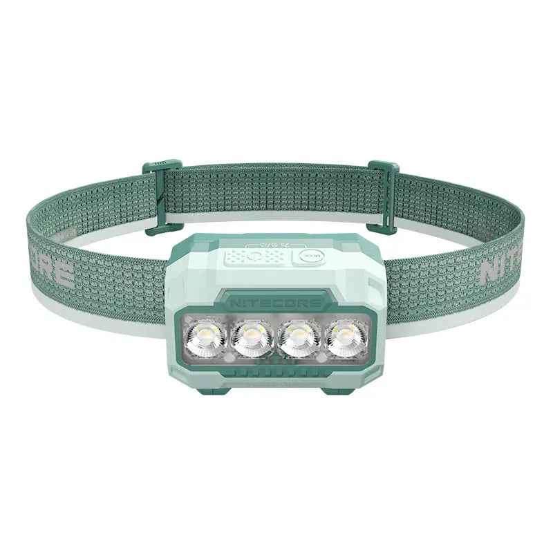 Headlamp with a green strap on a white background