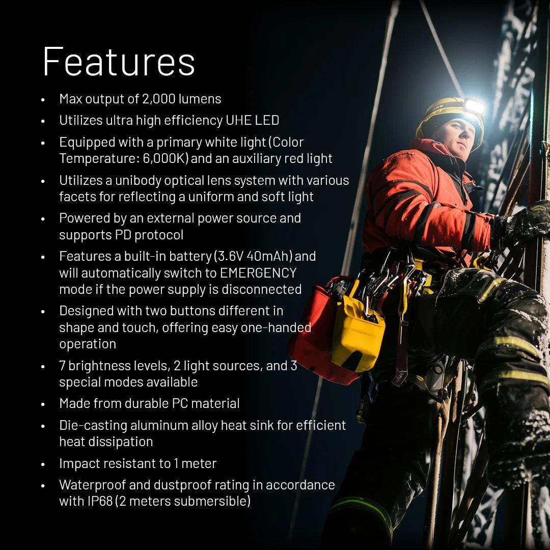 Person wearing a helmet with a light, surrounded by technical specifications on a dark background