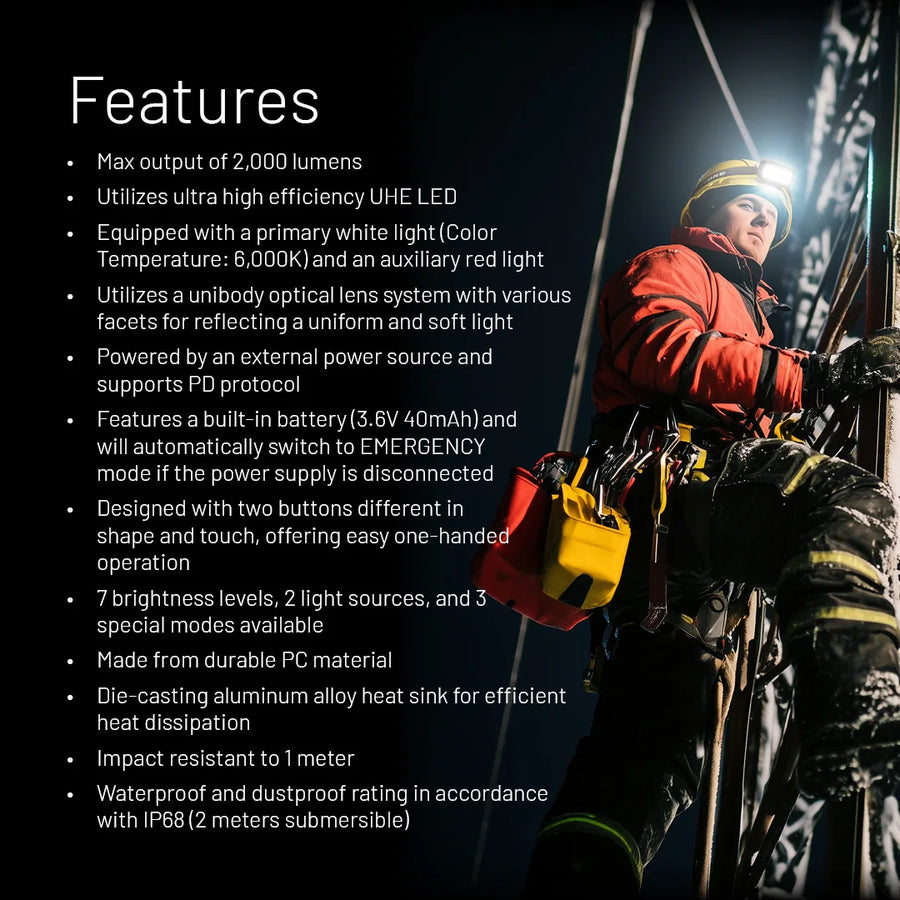 Person wearing a helmet with a light, surrounded by technical specifications on a dark background