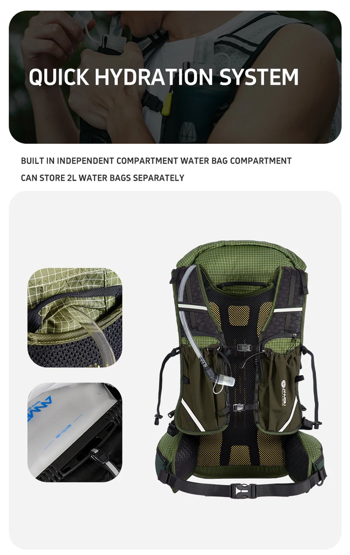 Green hydration backpack with quick hydration system on a white background