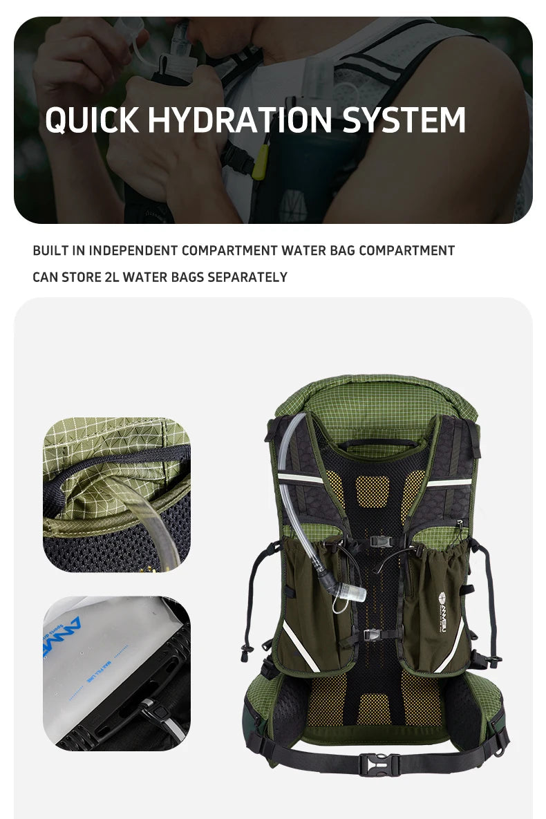 Green hydration backpack with quick hydration system on a white background