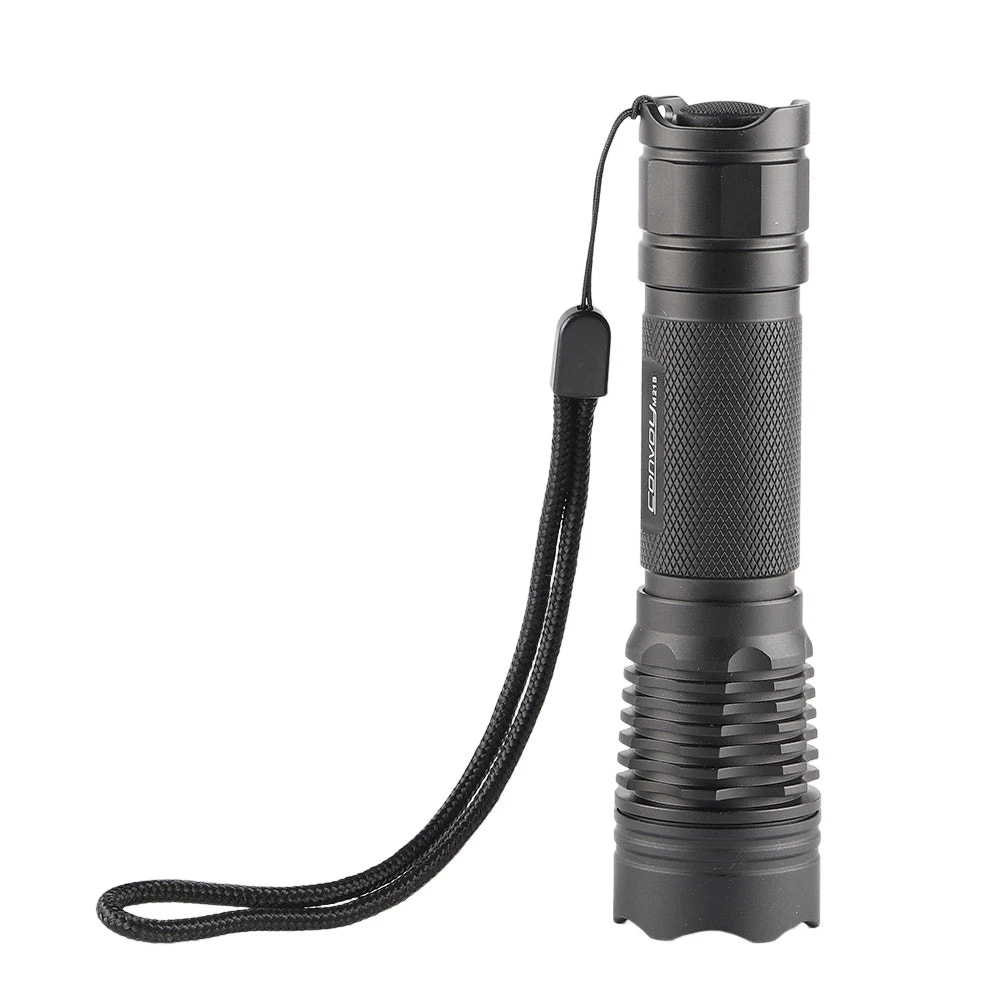 Black flashlight with a strap on a white background