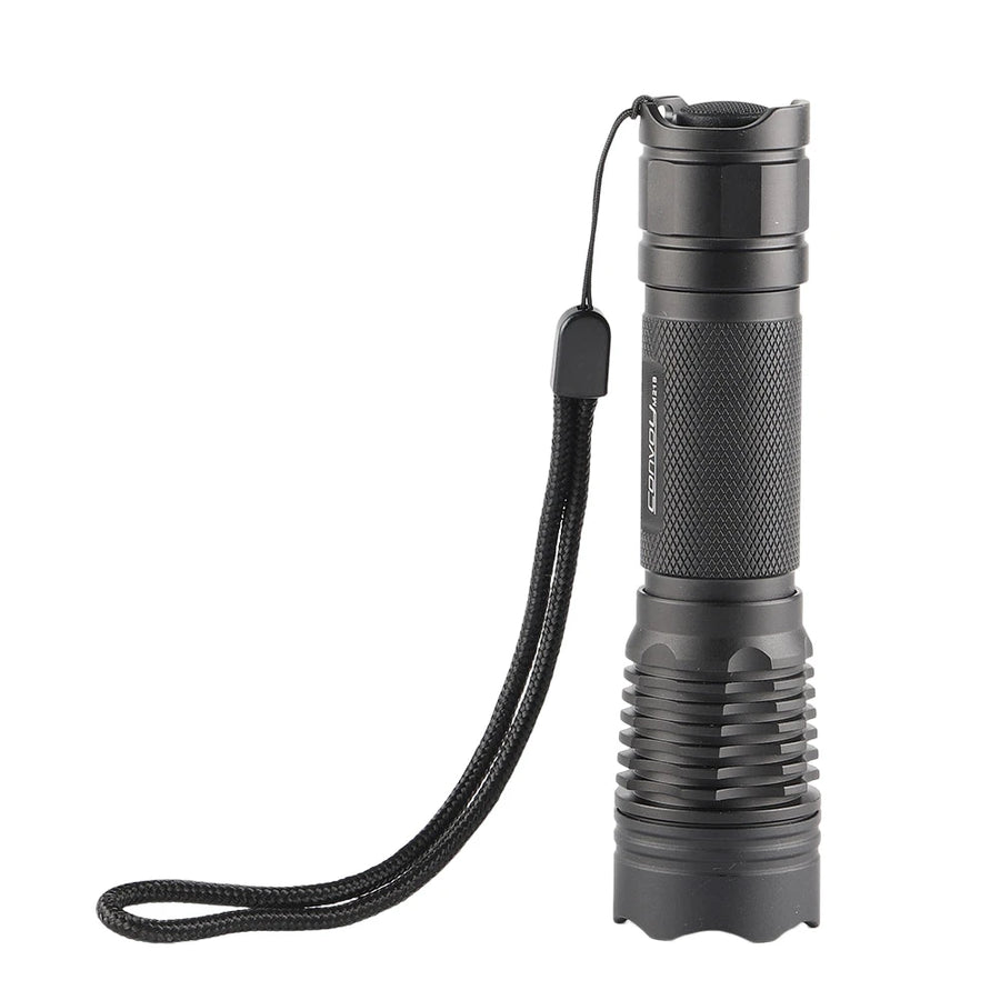 Black flashlight with a strap on a white background