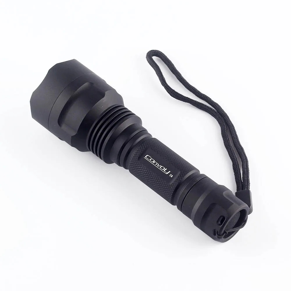 Black flashlight with a brand logo on a white background