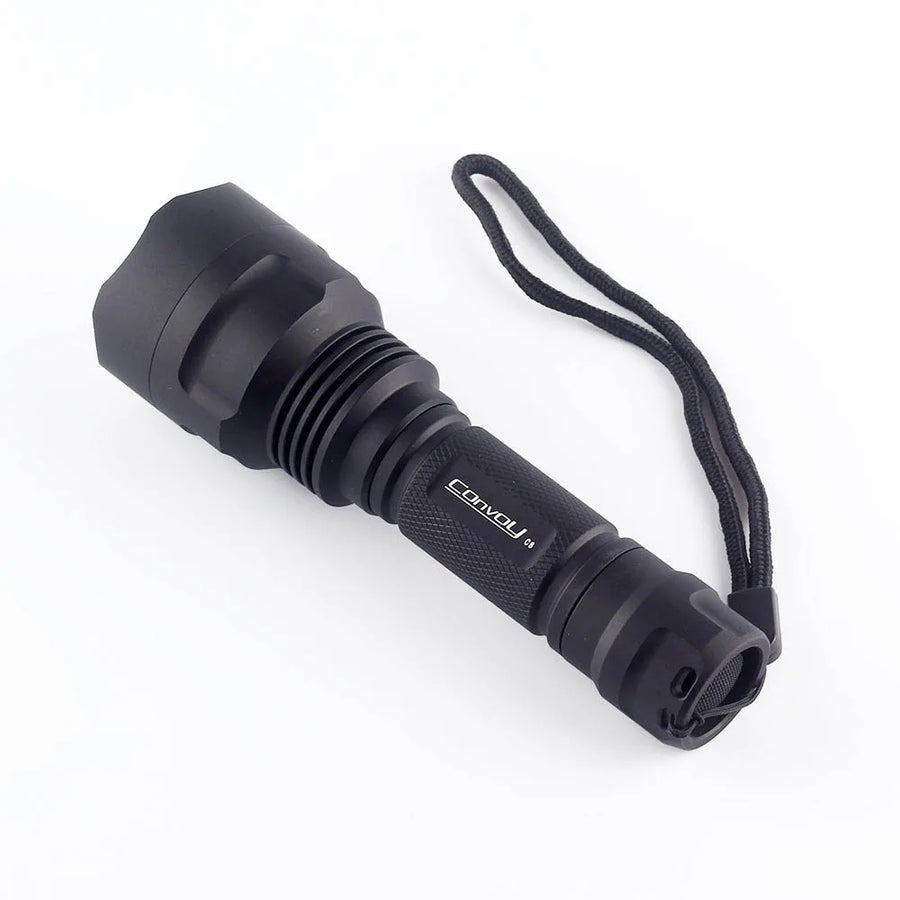Black flashlight with a brand logo on a white background