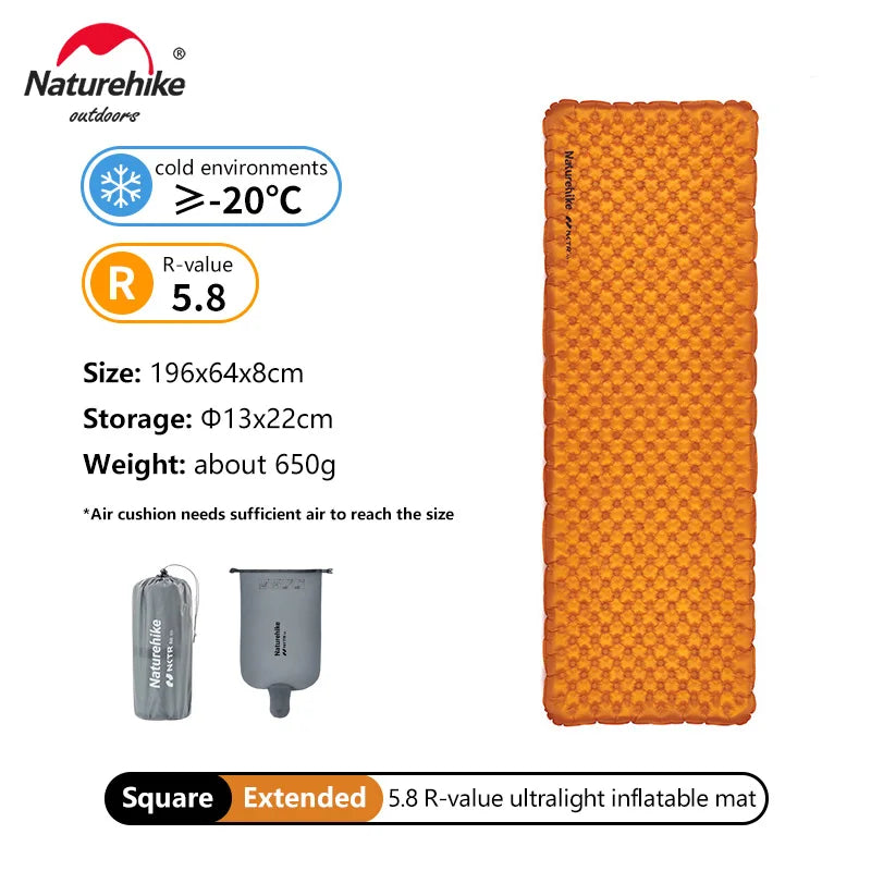 Orange inflatable mat with product details and Naturehike branding on a white background