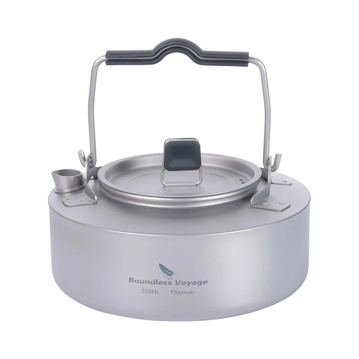 titanium camping kettle with handle on a white background, featuring 'Boundless Voyage' branding.