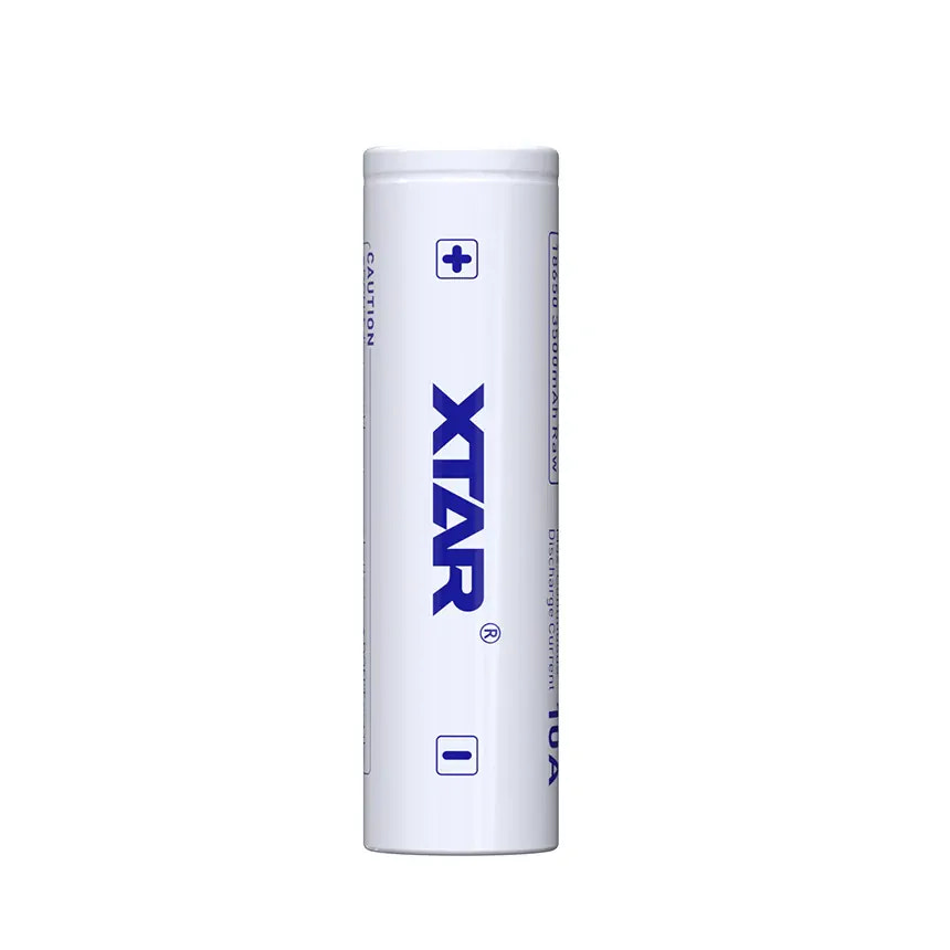 White cylindrical battery with 'XTAR' branding on a white background