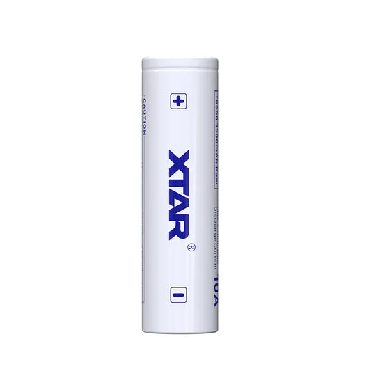 White cylindrical battery with 'XTAR' branding on a white background