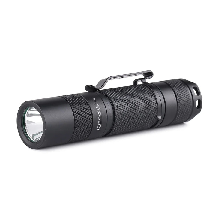 Black flashlight with brand logo on a white background
