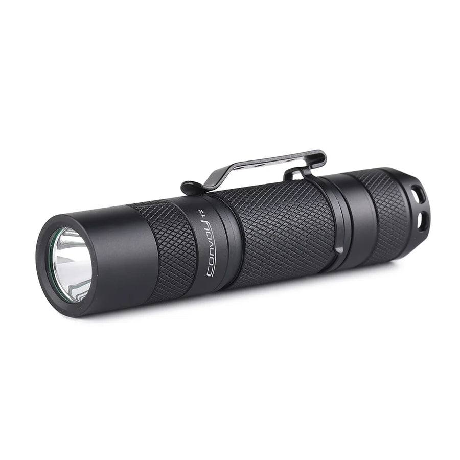 Black flashlight with brand logo on a white background
