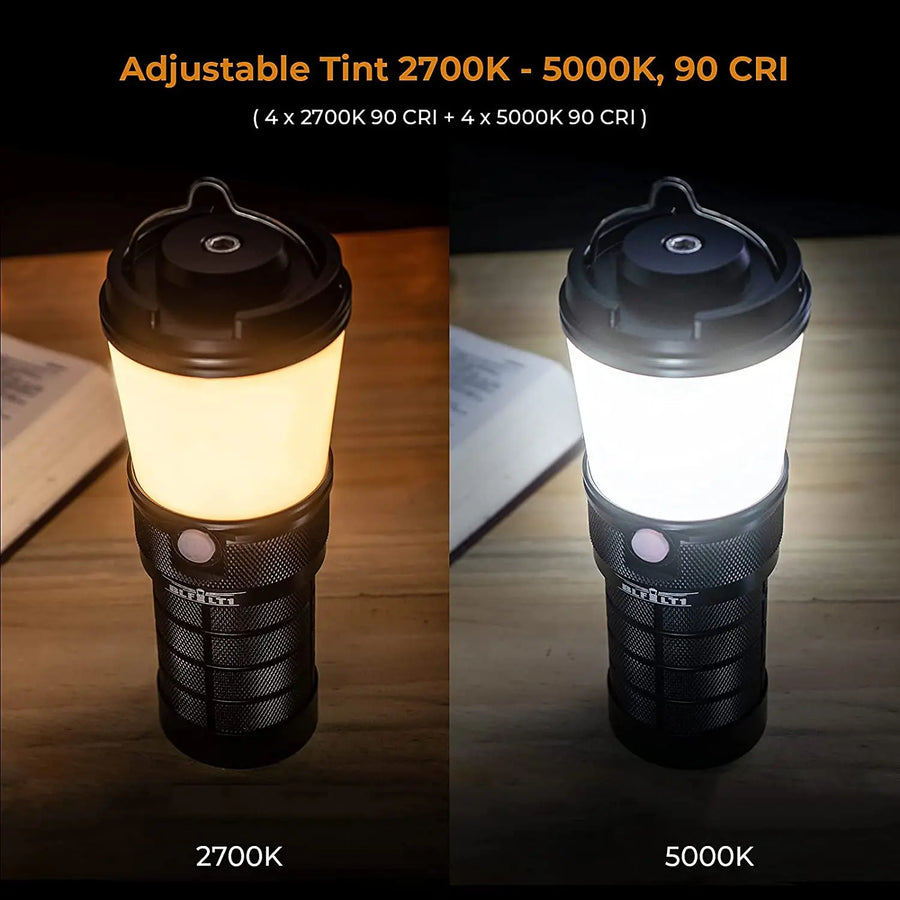 Two camping lanterns showing adjustable tint options on a wooden surface.