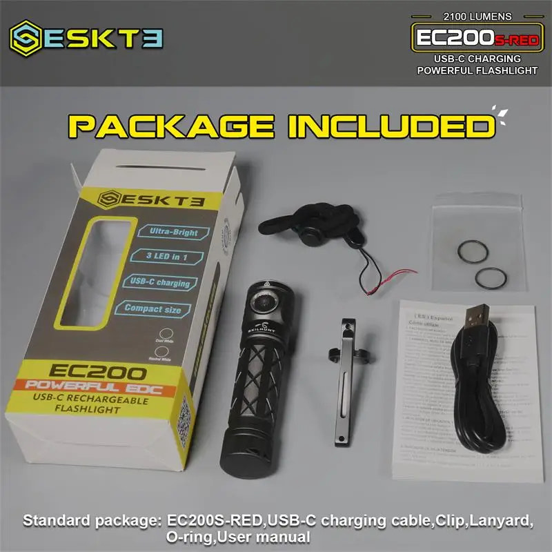 Eskt3 EC200S-RED USB-C rechargeable flashlight package with components on a gray background